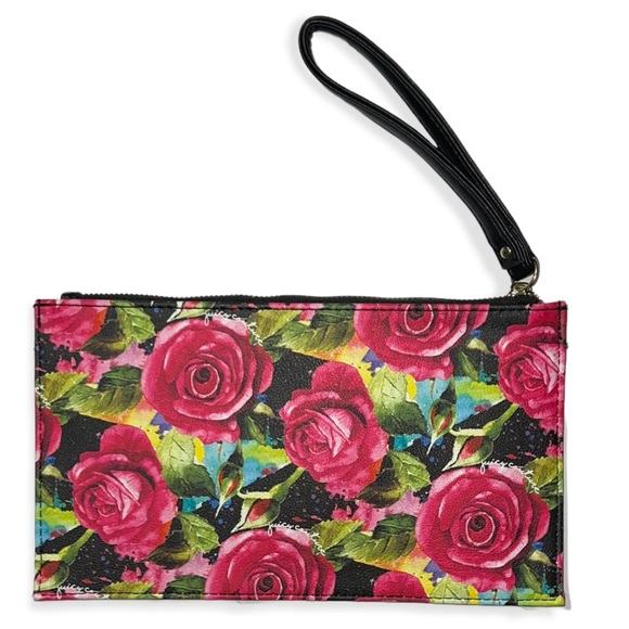 JUICY COUTURE Black Pink Gothic Stripe Floral Rectangle Wristlet Clutch Pouch - Picture 4 of 10